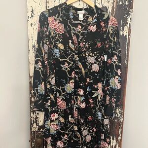 Women’s GP & J Baker x H&M Black Floral/Bird Print Shift button down Dress. 2.